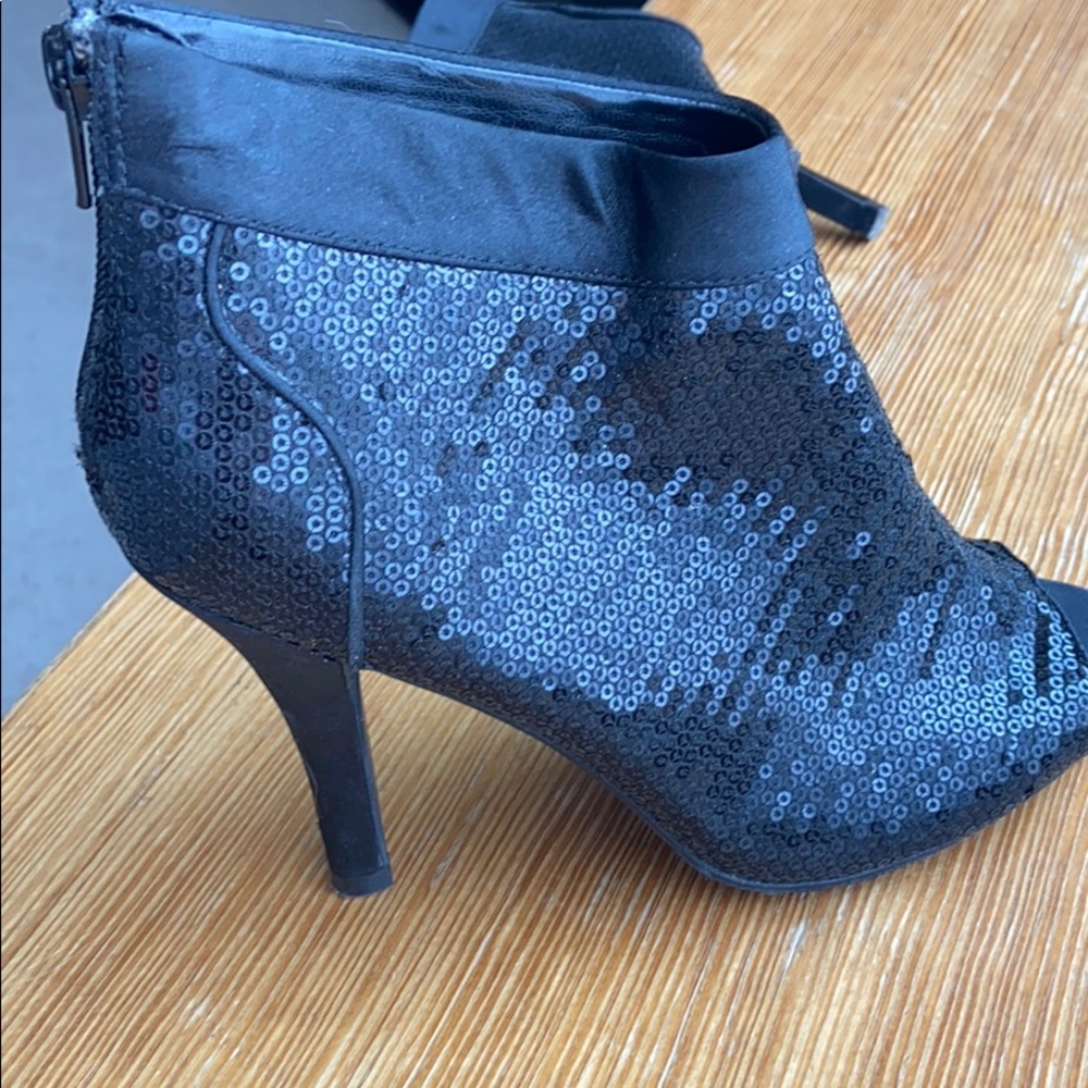 Black sequin, high heeled, open toed heels